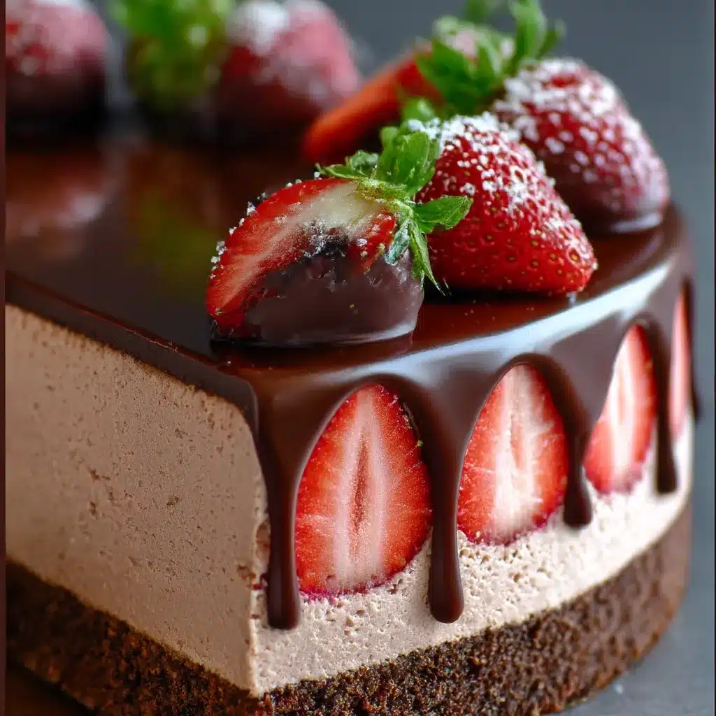 Chocolate-Dipped Strawberry Mousse Cake with fresh strawberries and chocolate shavings