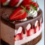Chocolate-Dipped Strawberry Mousse Cake with fresh strawberries and chocolate shavings