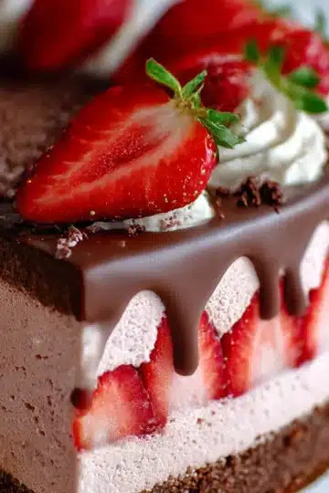 Chocolate-Dipped Strawberry Mousse Cake with fresh strawberries and chocolate shavings
