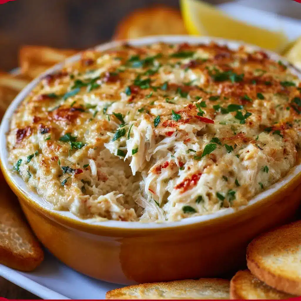 Warm baked crab meat dip topped with melted cheese and fresh parsley in a white ceramic dish.