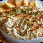 Warm baked crab meat dip topped with melted cheese and fresh parsley in a white ceramic dish.