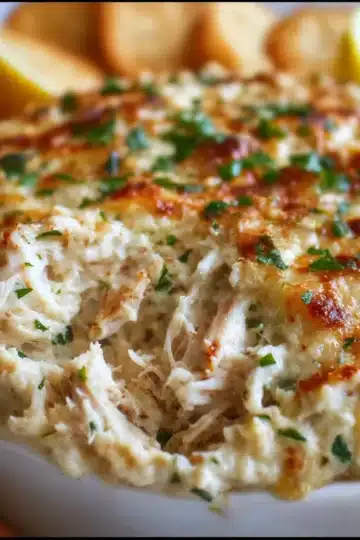 Warm baked crab meat dip topped with melted cheese and fresh parsley in a white ceramic dish.