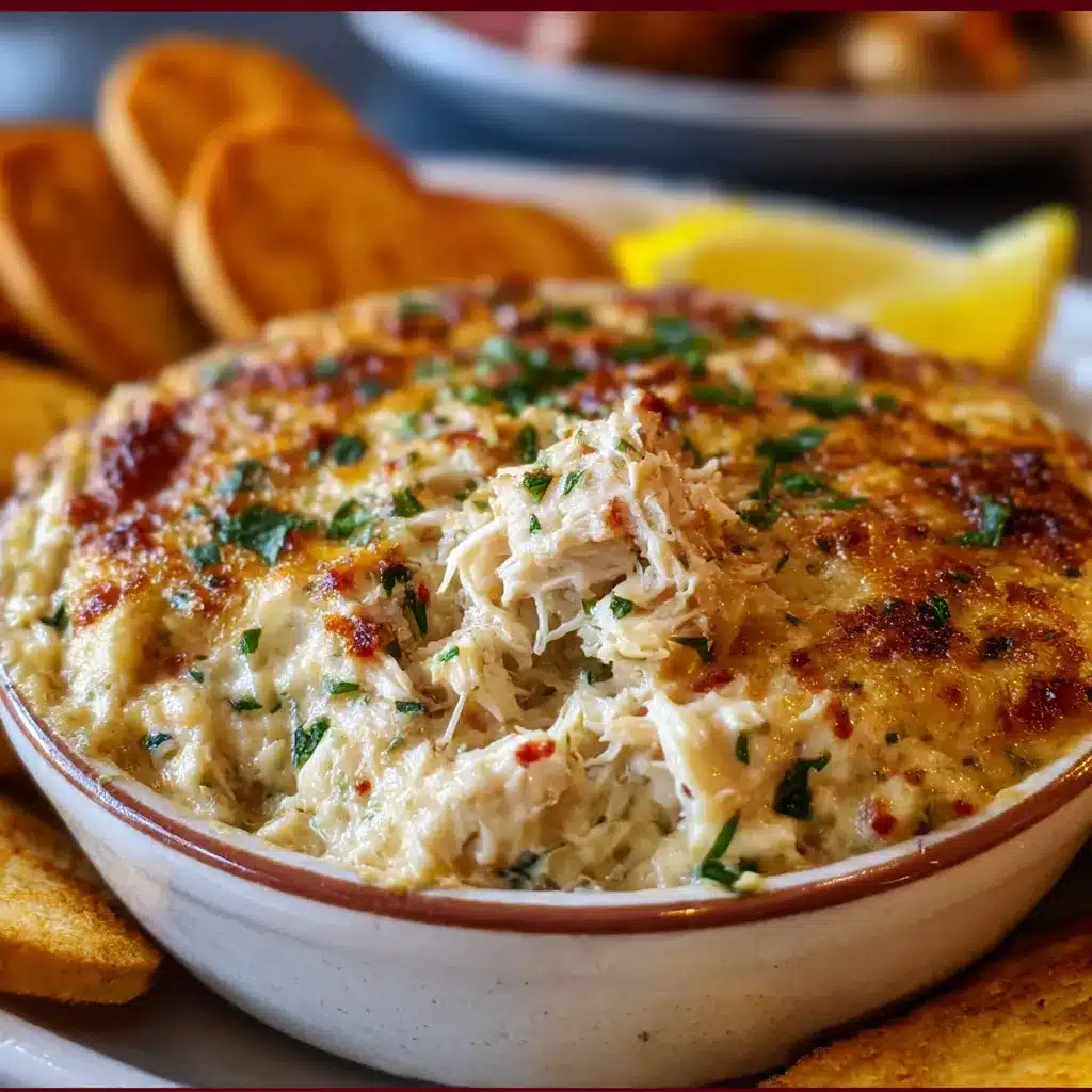 Warm baked crab meat dip topped with melted cheese and fresh parsley in a white ceramic dish.