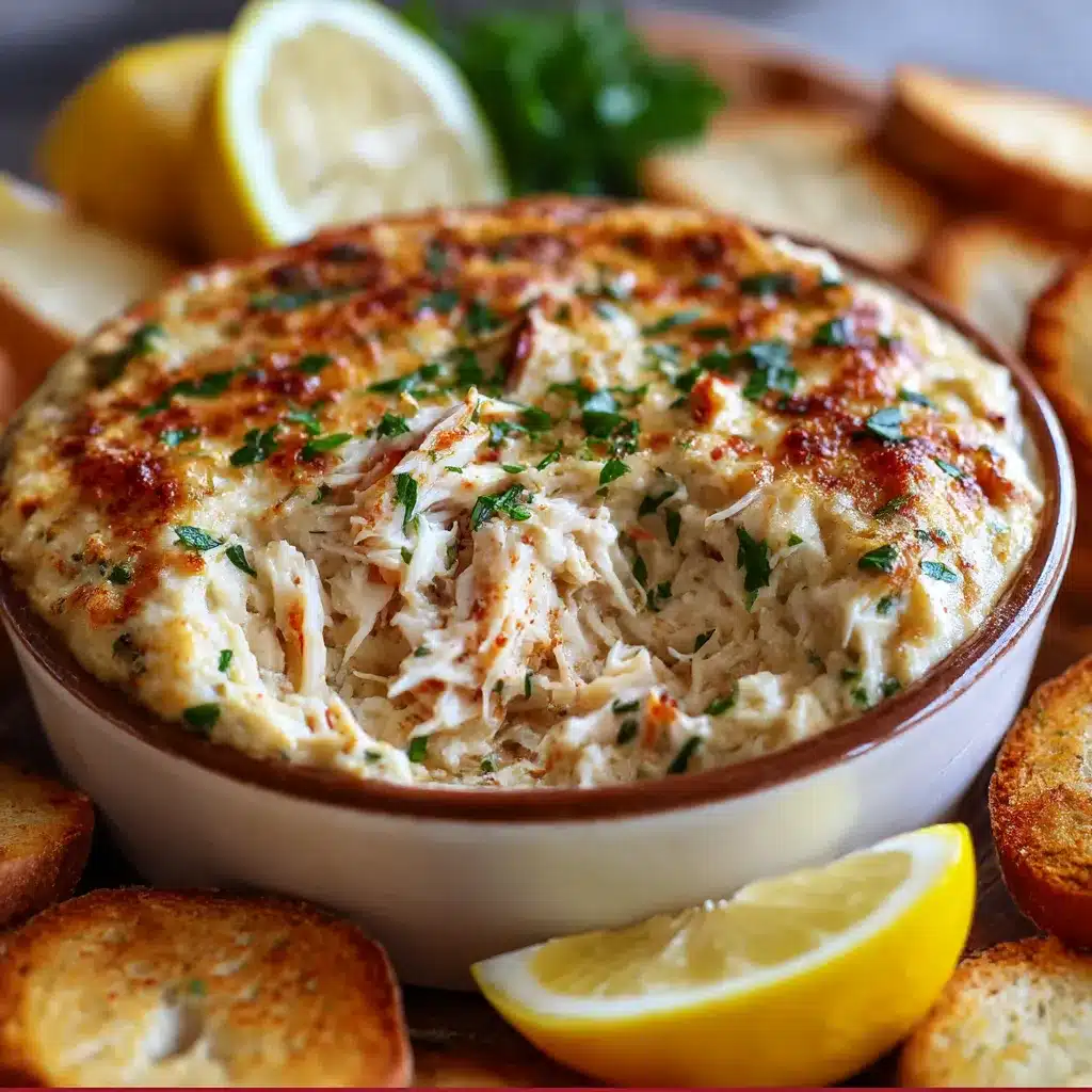 Warm baked crab meat dip topped with melted cheese and fresh parsley in a white ceramic dish.