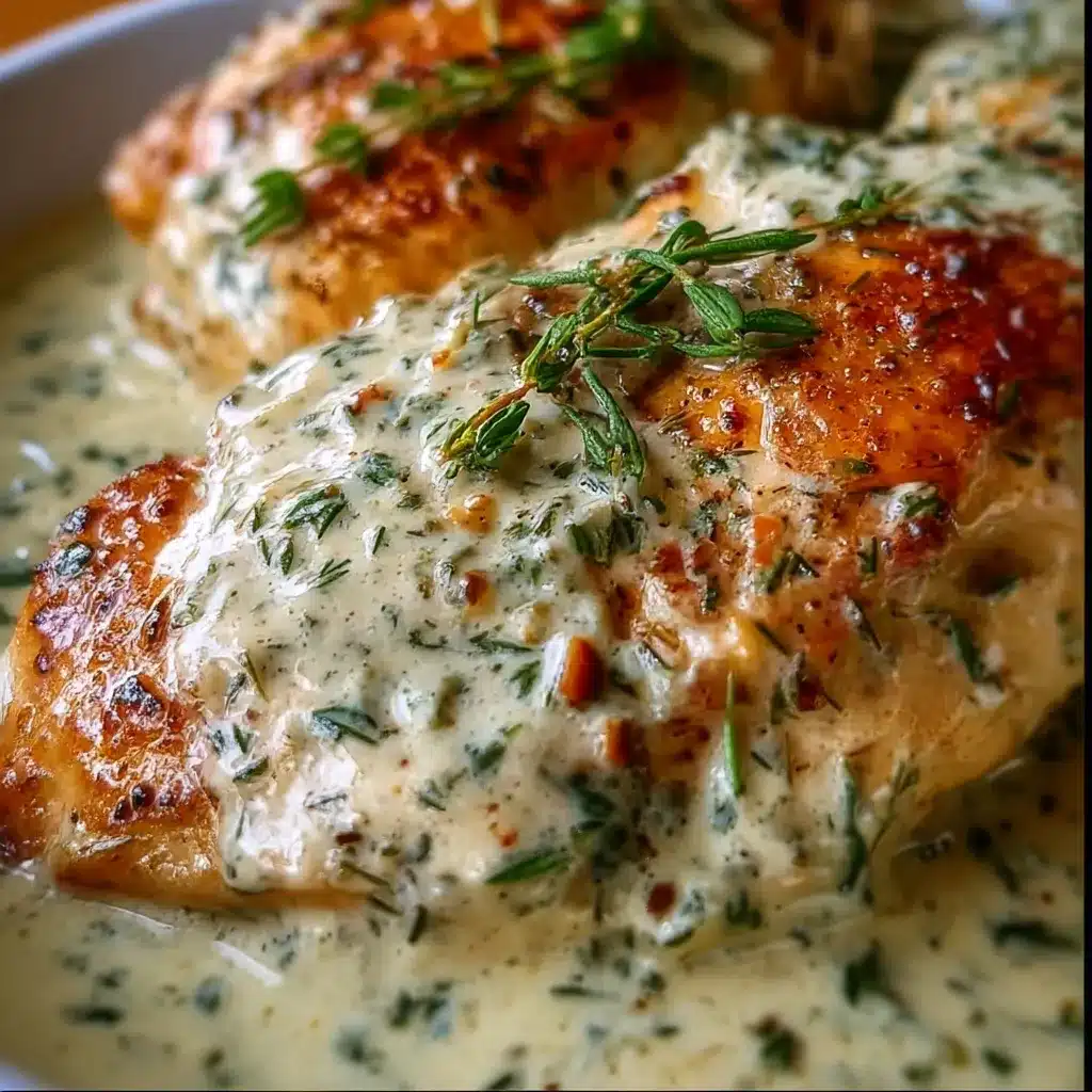 Pan-seared chicken breasts in creamy garlic-herb Boursin sauce with parsley and thyme