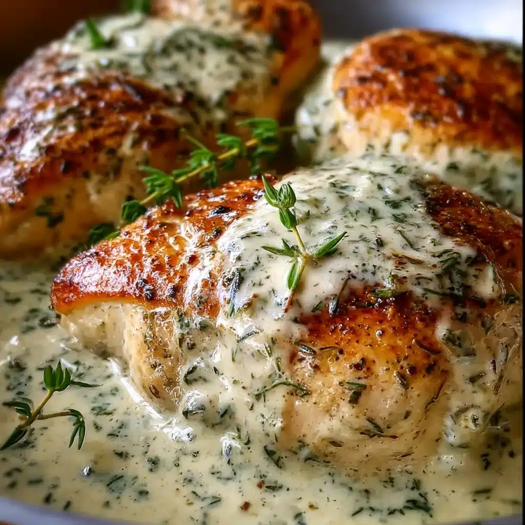 Pan-seared chicken breasts in creamy garlic-herb Boursin sauce with parsley and thyme