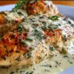 Pan-seared chicken breasts in creamy garlic-herb Boursin sauce with parsley and thyme