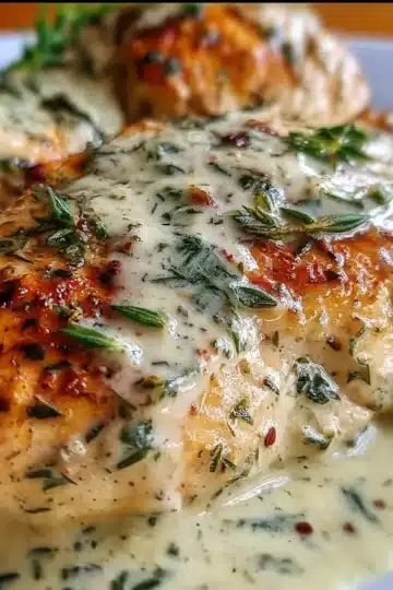 Pan-seared chicken breasts in creamy garlic-herb Boursin sauce with parsley and thyme
