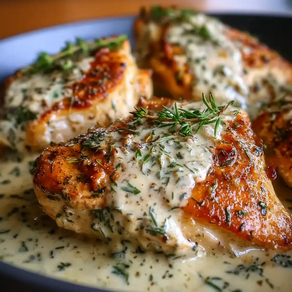 Pan-seared chicken breasts in creamy garlic-herb Boursin sauce with parsley and thyme