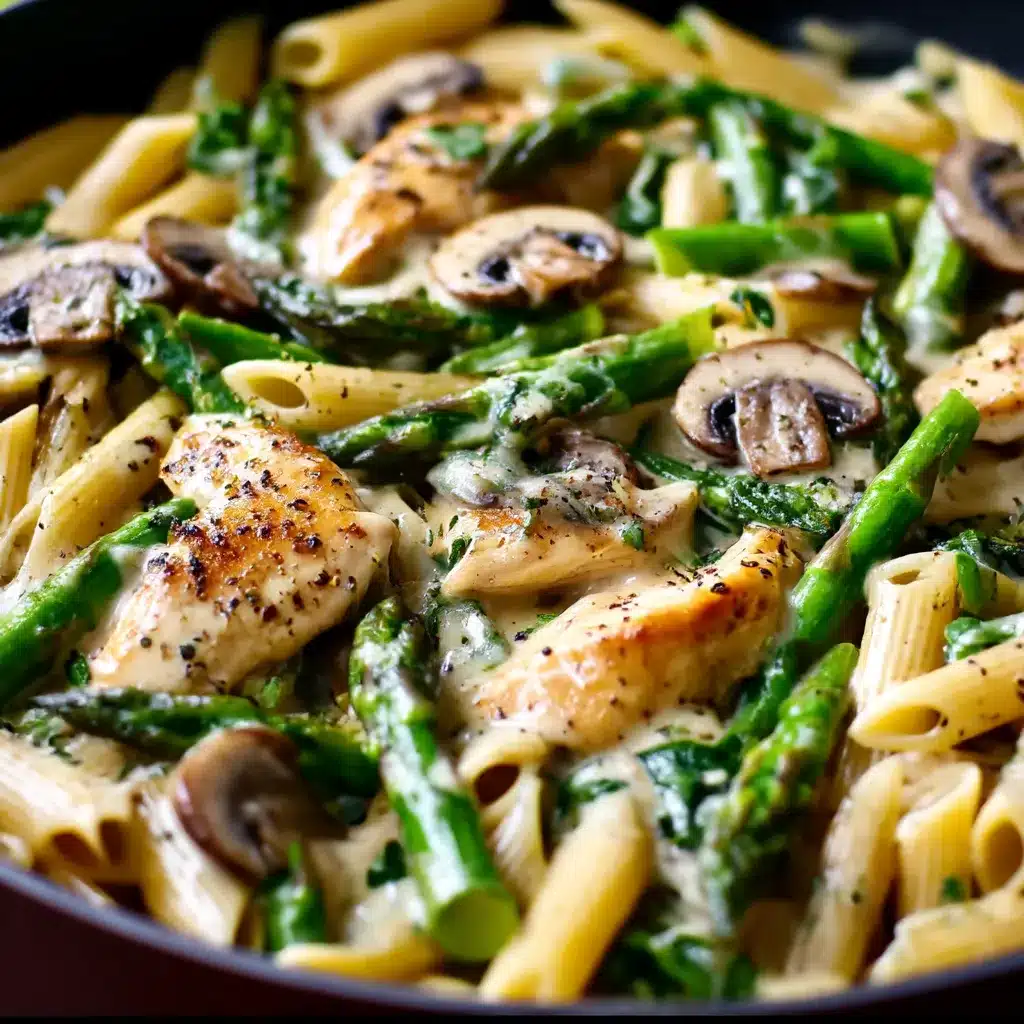Creamy mushroom and asparagus chicken penne served in a white bowl