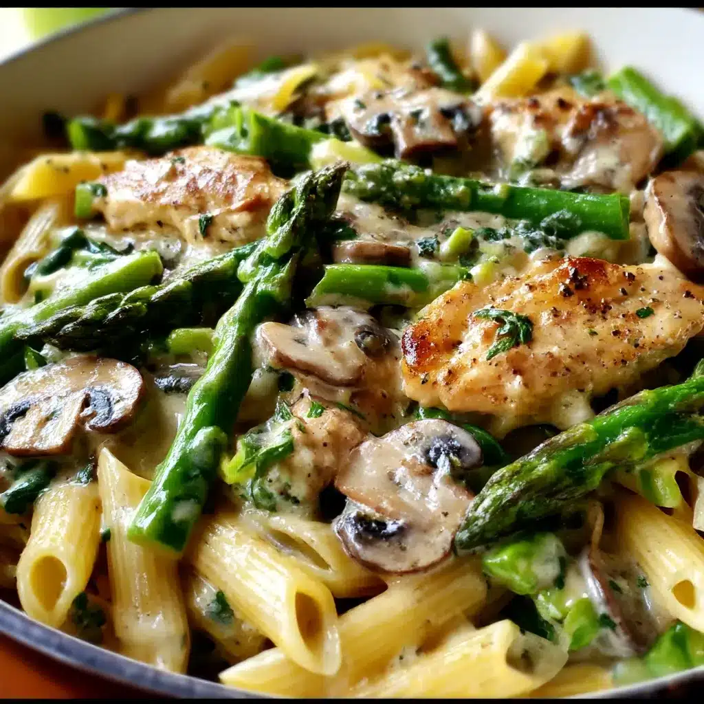 Creamy mushroom and asparagus chicken penne served in a white bowl