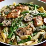 Creamy mushroom and asparagus chicken penne served in a white bowl