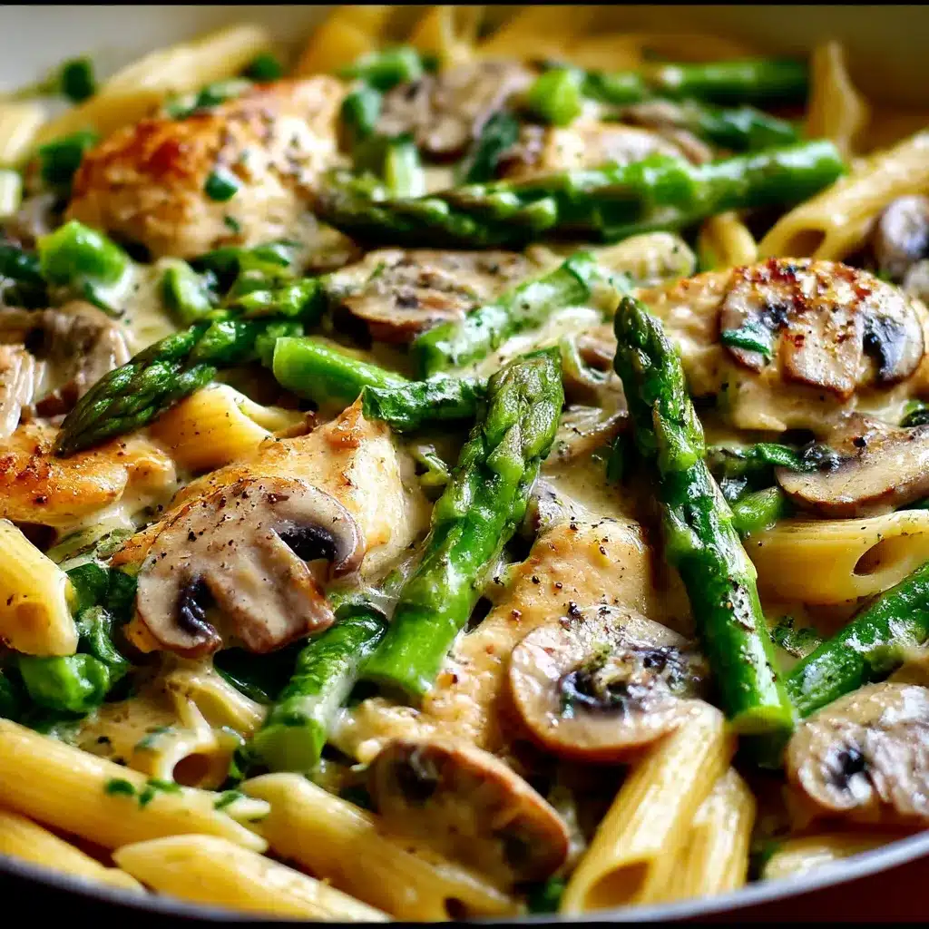 Creamy mushroom and asparagus chicken penne served in a white bowl