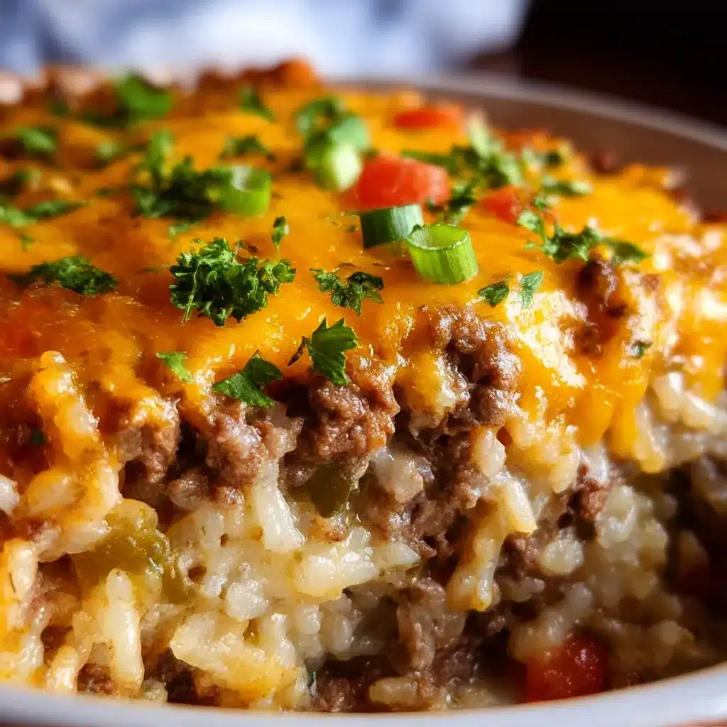 Hamburger Rice Casserole with melted cheddar and mozzarella on top, garnished with fresh parsley