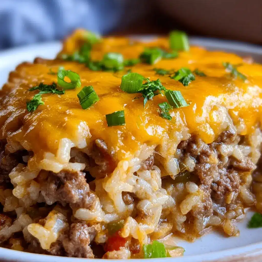 Hamburger Rice Casserole with melted cheddar and mozzarella on top, garnished with fresh parsley