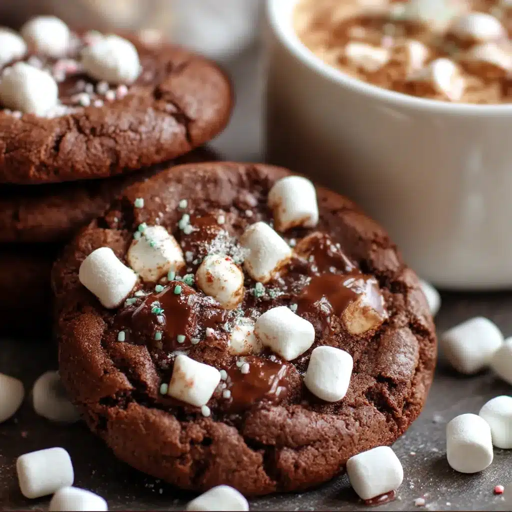 Soft Hot Cocoa Cookies topped with mini marshmallows and chocolate chips on a parchment-lined baking sheet.