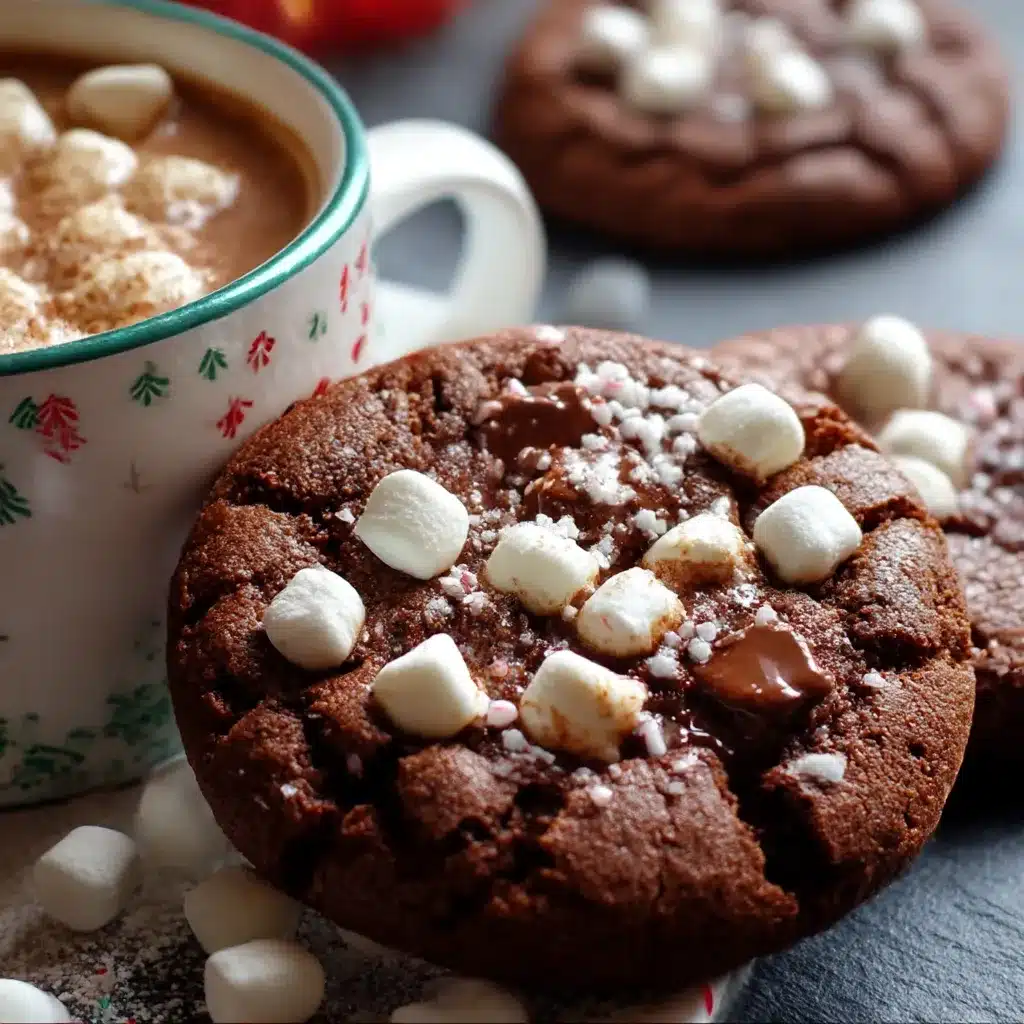 Soft Hot Cocoa Cookies topped with mini marshmallows and chocolate chips on a parchment-lined baking sheet.