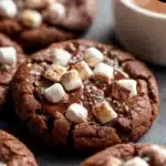 Soft Hot Cocoa Cookies topped with mini marshmallows and chocolate chips on a parchment-lined baking sheet.