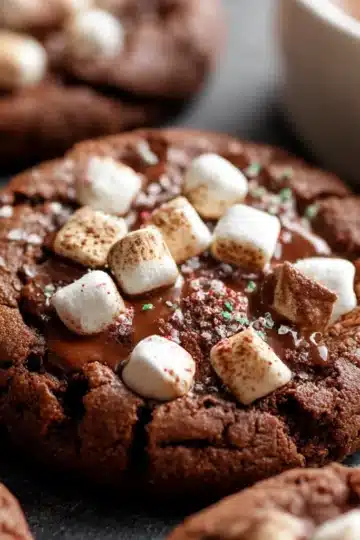 Soft Hot Cocoa Cookies topped with mini marshmallows and chocolate chips on a parchment-lined baking sheet.