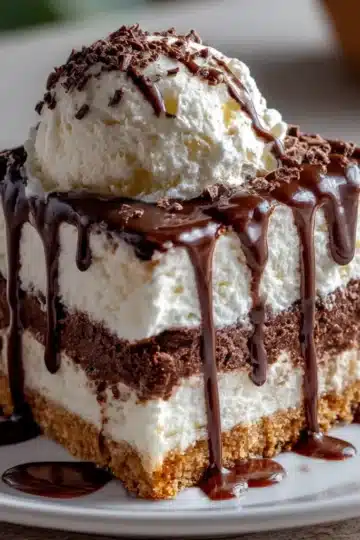 No-bake hot fudge ice cream cake slice with Oreo crust and whipped cream topping