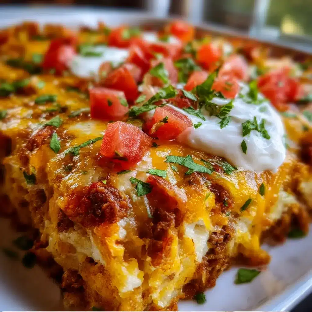 Mexican White Trash Casserole with shredded chicken, crushed Doritos and melted cheddar cheese