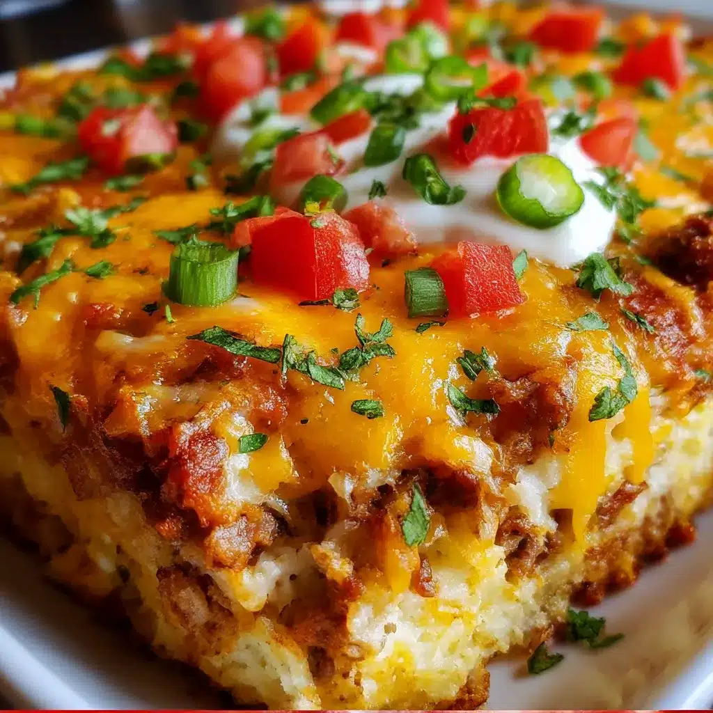 Mexican White Trash Casserole with shredded chicken, crushed Doritos and melted cheddar cheese