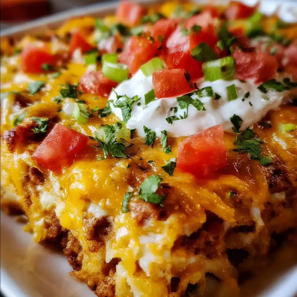 Mexican White Trash Casserole with shredded chicken, crushed Doritos and melted cheddar cheese