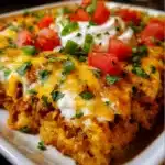 Mexican White Trash Casserole with shredded chicken, crushed Doritos and melted cheddar cheese