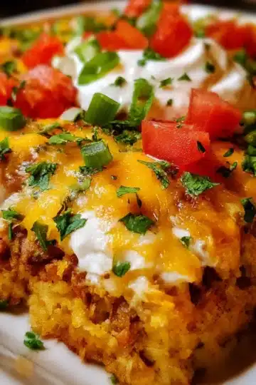 Mexican White Trash Casserole with shredded chicken, crushed Doritos and melted cheddar cheese