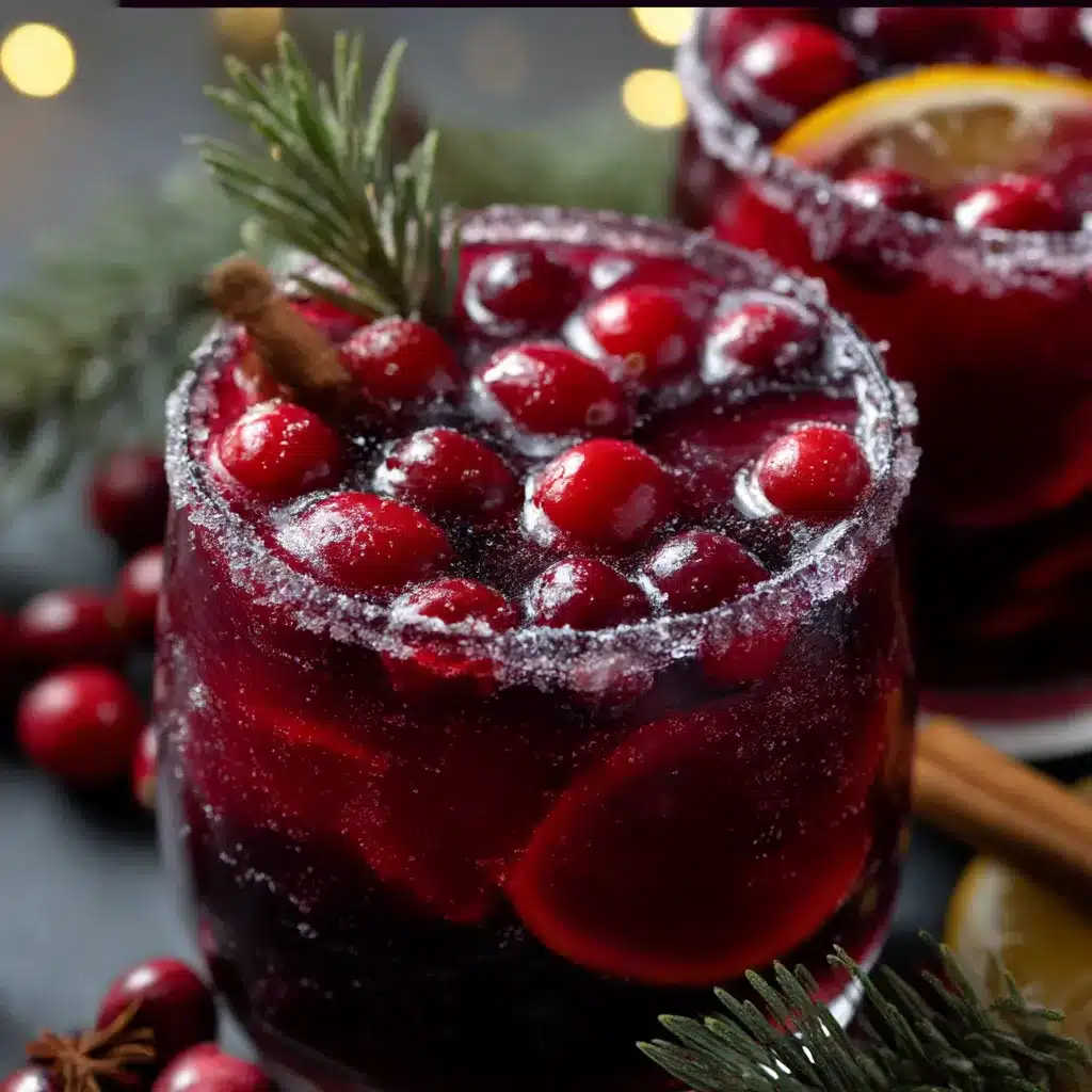 Midnight Frost Christmas Punch in a glass bowl with cranberries, pomegranate arils and citrus slices