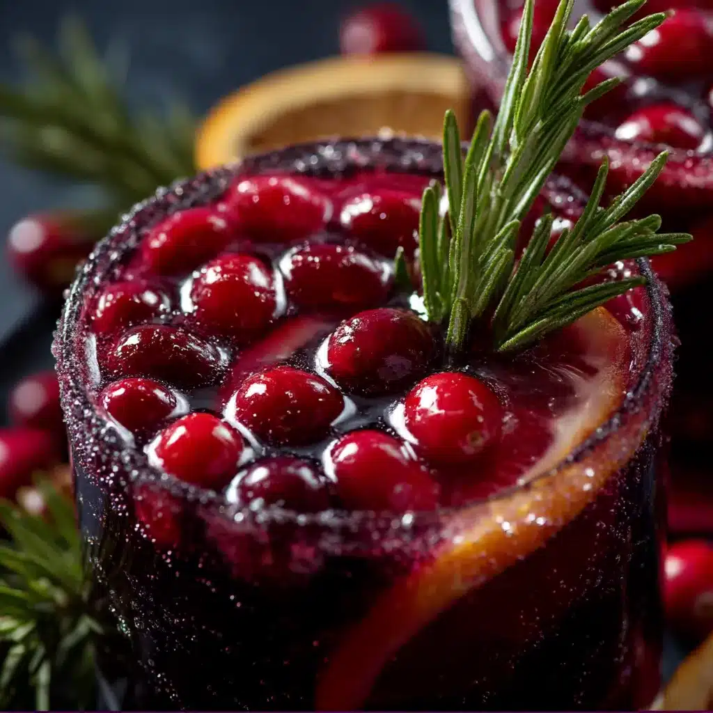 Midnight Frost Christmas Punch in a glass bowl with cranberries, pomegranate arils and citrus slices