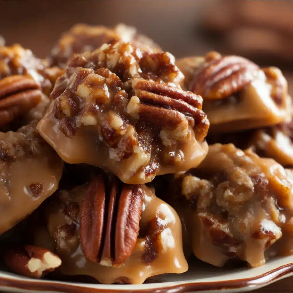 Glossy golden Old Fashioned Pecan Pralines cooling on parchment paper — rich buttery candy with chopped pecans and caramel sheen.