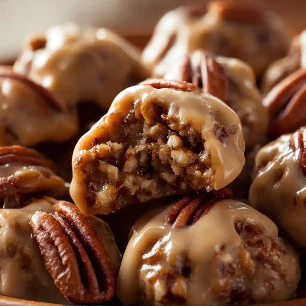 Glossy golden Old Fashioned Pecan Pralines cooling on parchment paper — rich buttery candy with chopped pecans and caramel sheen.