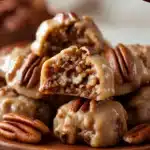Glossy golden Old Fashioned Pecan Pralines cooling on parchment paper — rich buttery candy with chopped pecans and caramel sheen.