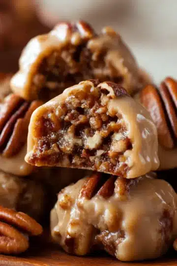 Glossy golden Old Fashioned Pecan Pralines cooling on parchment paper — rich buttery candy with chopped pecans and caramel sheen.