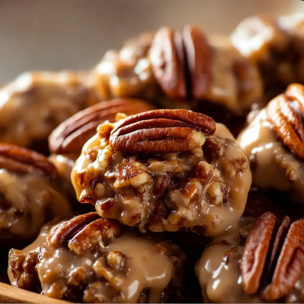 Glossy golden Old Fashioned Pecan Pralines cooling on parchment paper — rich buttery candy with chopped pecans and caramel sheen.