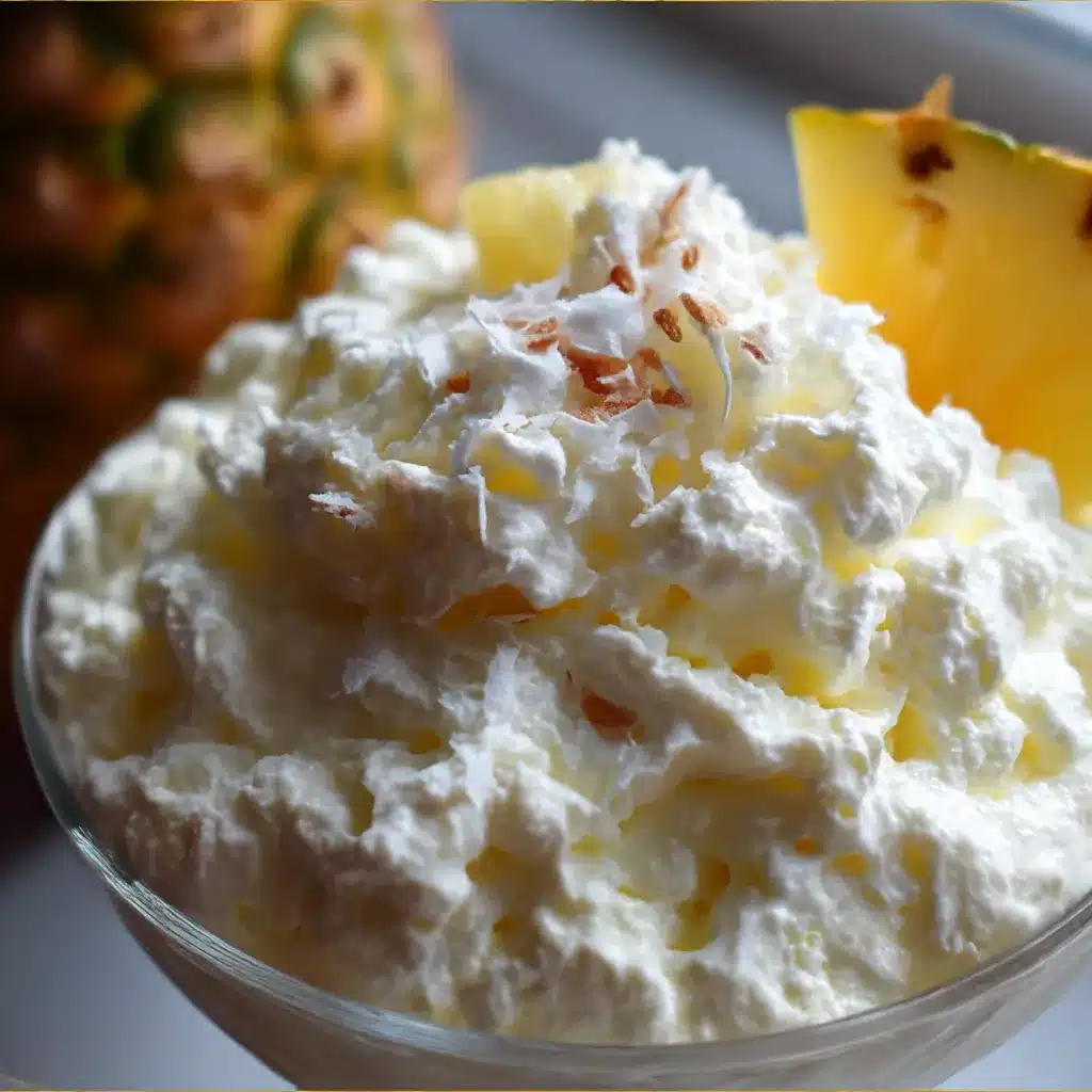 Glass bowl filled with creamy Pina Colada Fluff topped with toasted coconut and maraschino cherries
