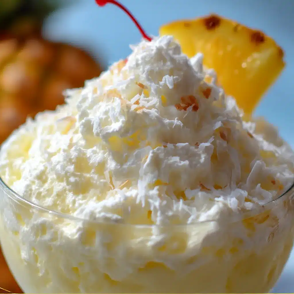 Glass bowl filled with creamy Pina Colada Fluff topped with toasted coconut and maraschino cherries