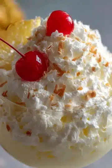 Glass bowl filled with creamy Pina Colada Fluff topped with toasted coconut and maraschino cherries