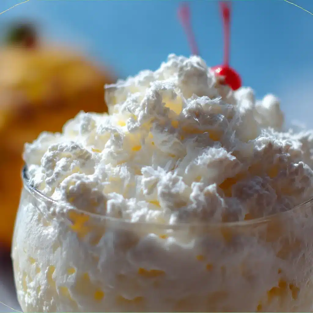 Glass bowl filled with creamy Pina Colada Fluff topped with toasted coconut and maraschino cherries
