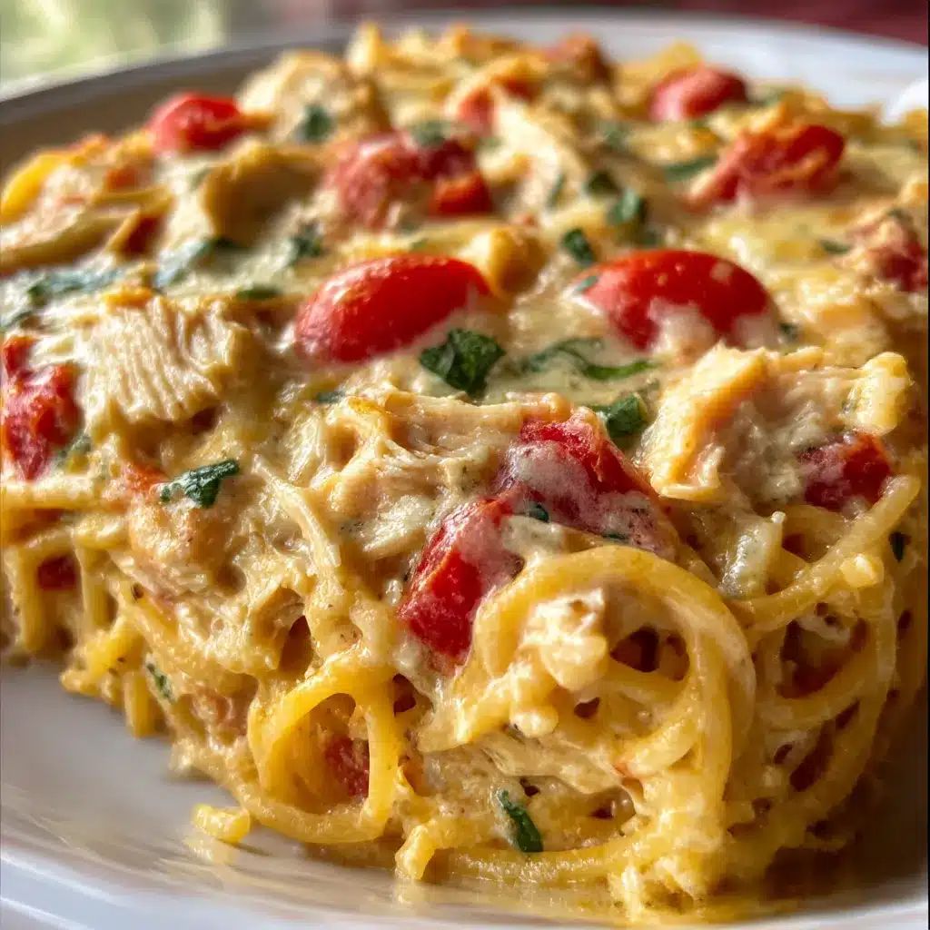 Creamy Rotel Chicken Spaghetti Casserole topped with melted cheddar cheese, baked until golden and garnished with fresh parsley.