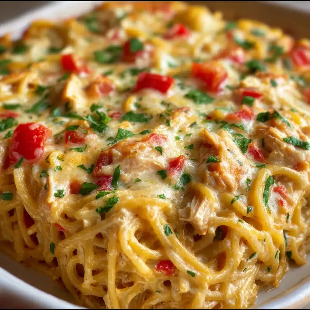 Creamy Rotel Chicken Spaghetti Casserole topped with melted cheddar cheese, baked until golden and garnished with fresh parsley.