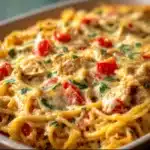 Creamy Rotel Chicken Spaghetti Casserole topped with melted cheddar cheese, baked until golden and garnished with fresh parsley.