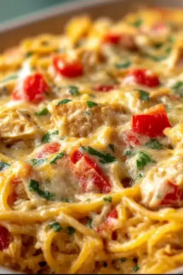 Creamy Rotel Chicken Spaghetti Casserole topped with melted cheddar cheese, baked until golden and garnished with fresh parsley.