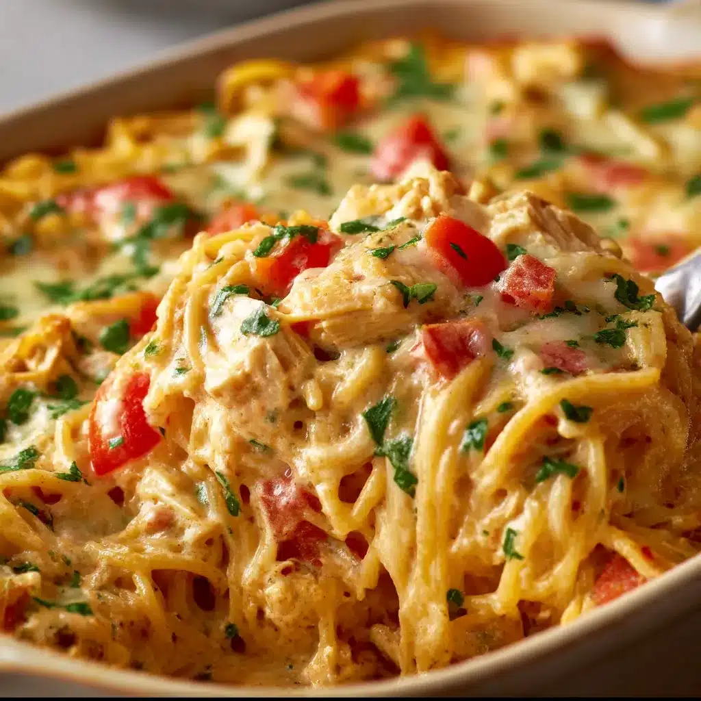 Creamy Rotel Chicken Spaghetti Casserole topped with melted cheddar cheese, baked until golden and garnished with fresh parsley.