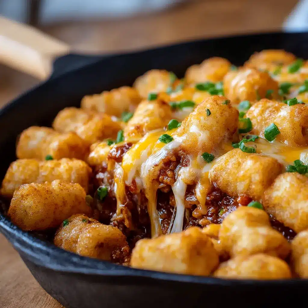 Tater Tot Sloppy Joe Skillet with melted cheddar and crispy tater tots in an oven-safe skillet