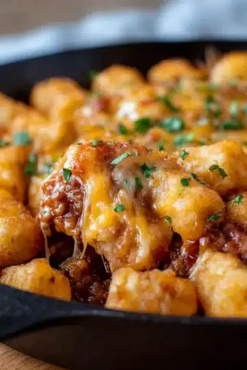 Tater Tot Sloppy Joe Skillet with melted cheddar and crispy tater tots in an oven-safe skillet