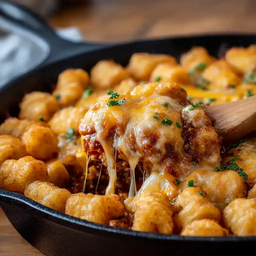 Tater Tot Sloppy Joe Skillet with melted cheddar and crispy tater tots in an oven-safe skillet