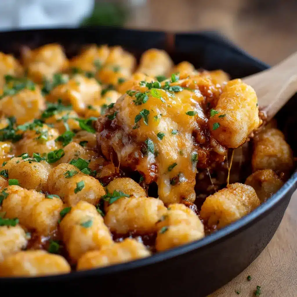 Tater Tot Sloppy Joe Skillet with melted cheddar and crispy tater tots in an oven-safe skillet