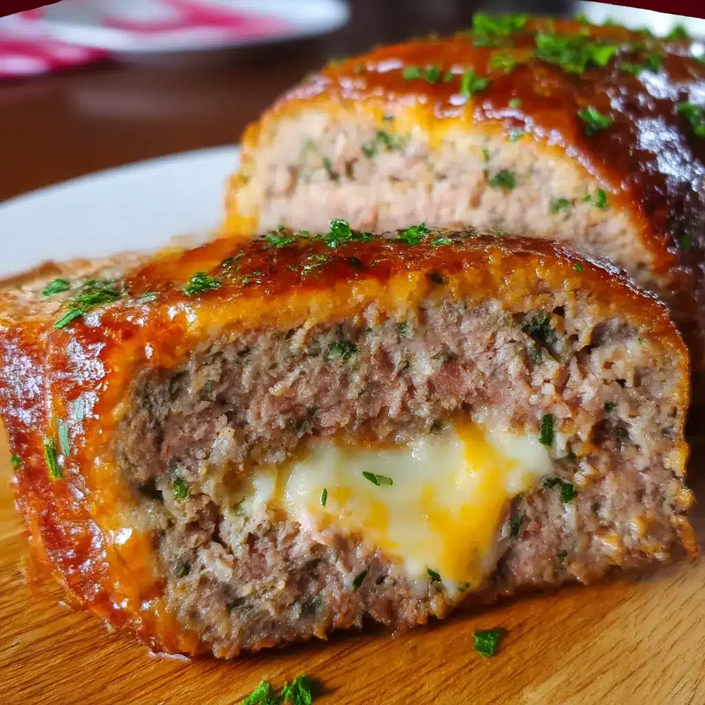 Bacon-wrapped cheese stuffed meatloaf sliced to reveal gooey cheddar interior